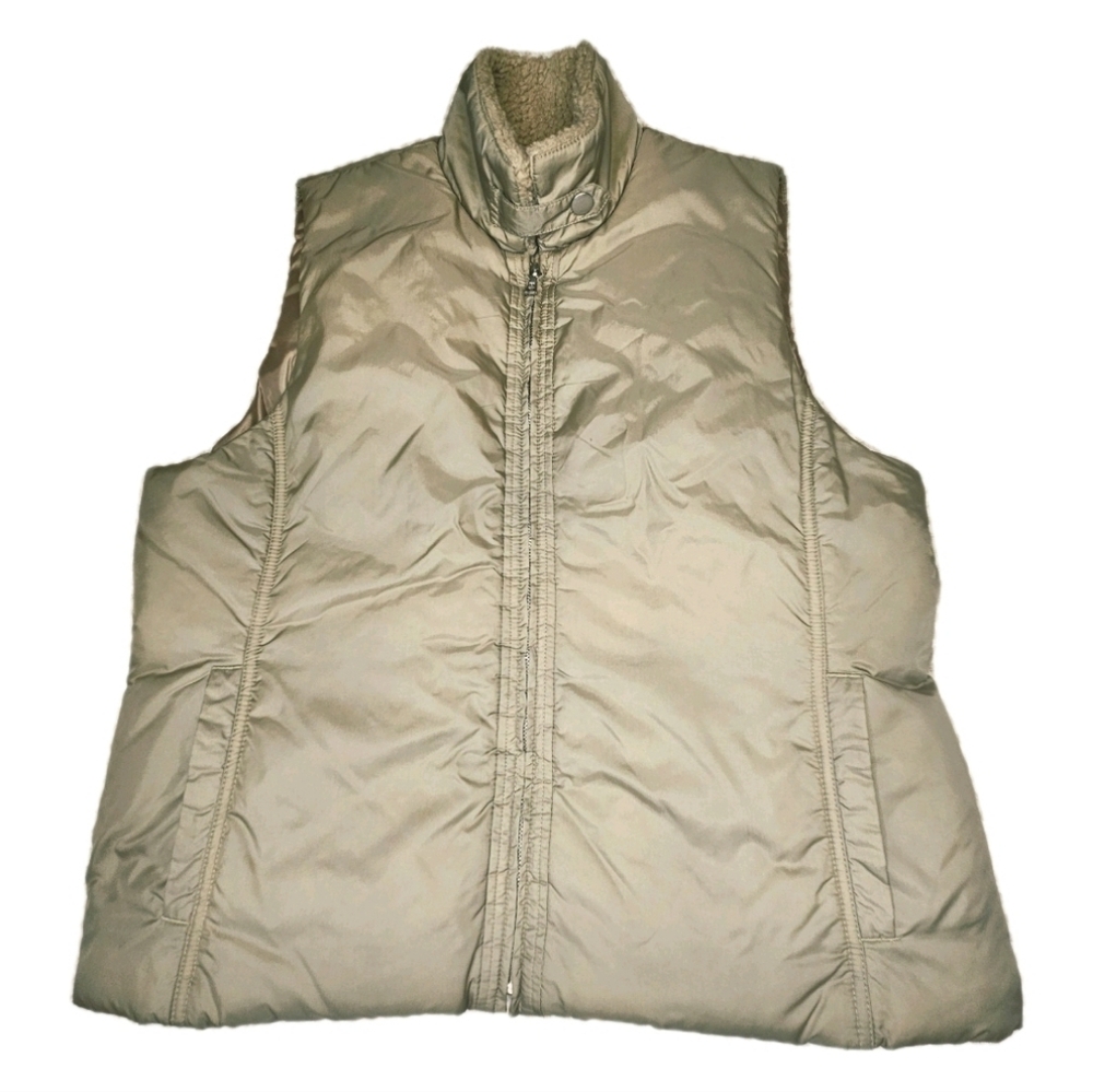 Vintage Villager Liz Claiborne Tan Zip Front Versatile Fleece Neck Preppy Vest